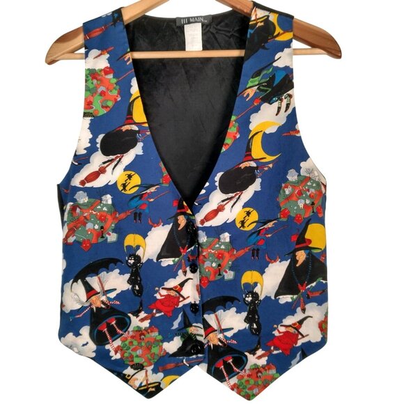 Vintage Halloween Vest Women M 111 Main Witch Witches Flying Black Cat Parachute - Picture 1 of 11
